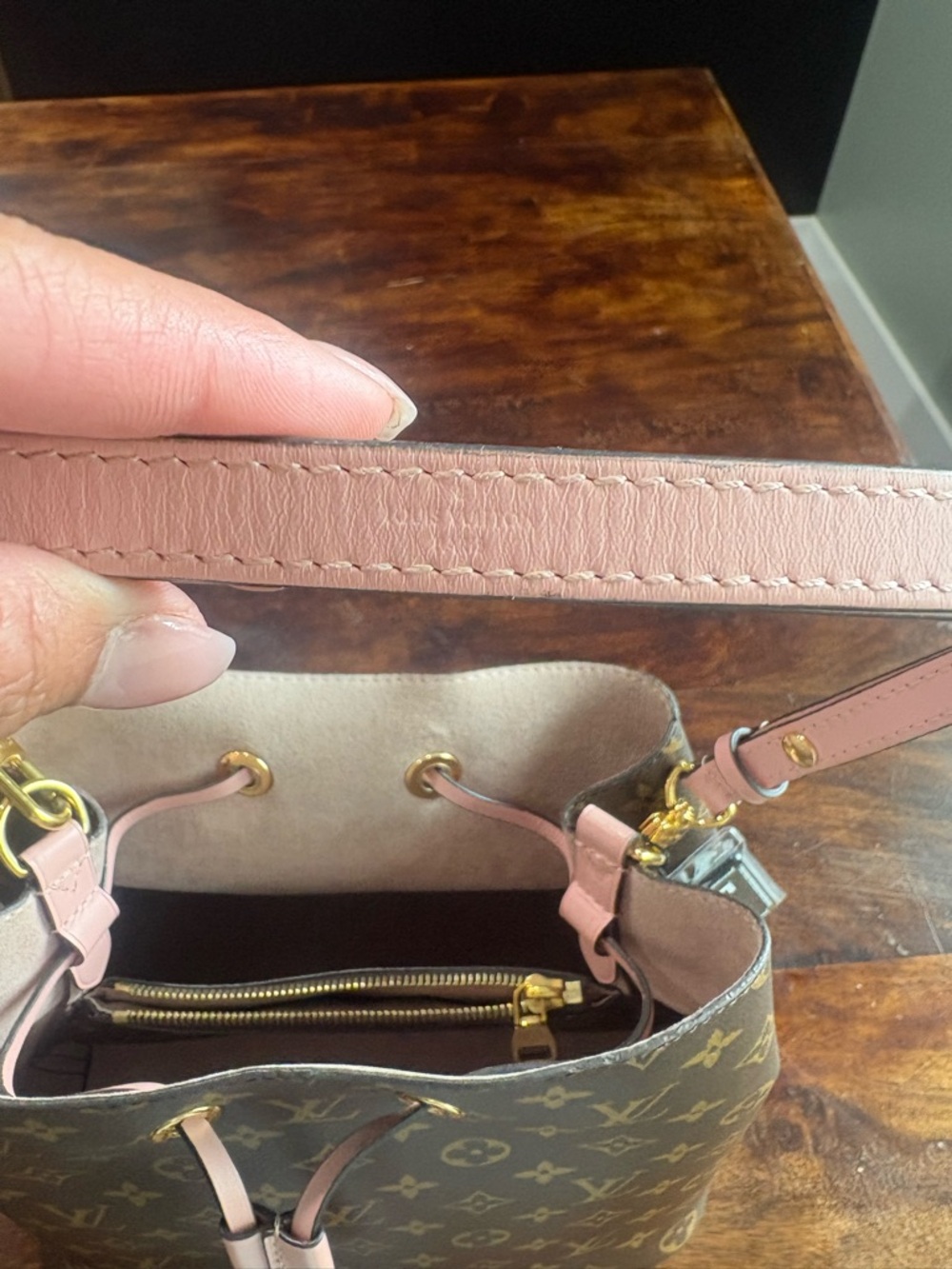 Louis Vuitton Monogram Nano Noé Bucket Bag in Brown with Pink Trim - Picture 9 of 10